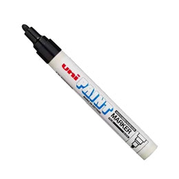 Uni PAINT marker pen with a white barrel, black cap, and red and blue branding, shown on a plain white background.